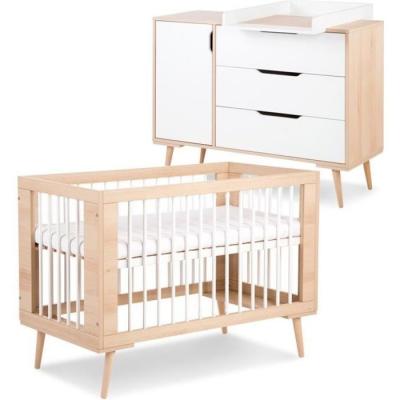 MONMOBILIERDESIGN Sofie ensemble commode &agrave; langer et lit b&eacute;b&eacute; style scandinave 120x60 h&ecirc;tre