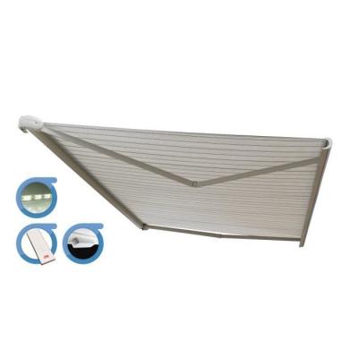 OMBRAZUR Store banne Coffre int&eacute;gral PROTECT 2 LED SMART Blanc 4,05x3,5m Motoris&eacute; &agrave;&nbsp; t&eacute;l&eacute;commande + Capteur Vent + Eclairage LED - Toile Grise Ray&eacute;e 