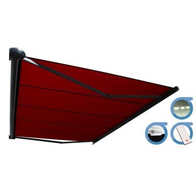 OMBRAZUR Store banne Coffre PROTECT 2 LED SMART Gris 4.05x3.5m Motoris&eacute; + Capteur Vent + LED - Toile Rouge