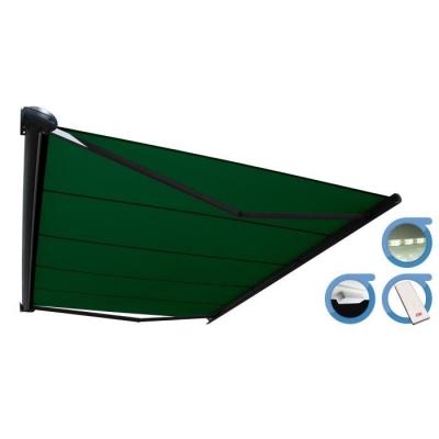 OMBRAZUR Store banne Coffre int&eacute;gral PROTECT 2 SMART LED Gris Anthracite 4,05x3,5m Motoris&eacute; &agrave;&nbsp; t&eacute;l&eacute;commande + Capteur Vent + Eclairage LED - Toile Vert 