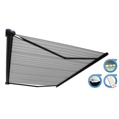 OMBRAZUR Store banne Coffre int&eacute;gral PROTECT 2 LED SMART Gris Anthracite 4,05x3,5m Motoris&eacute; &agrave;&nbsp; t&eacute;l&eacute;commande + Capteur Vent + Eclairage LED - Toile Grise Ray&eacute;e 