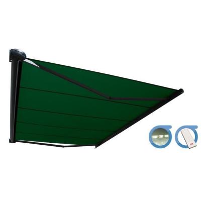 OMBRAZUR Store banne Coffre int&eacute;gral PROTECT 2 LED Gris Anthracite 4,05x3,5m Motoris&eacute; &agrave;&nbsp; t&eacute;l&eacute;commande + Eclairage LED - Toile Verte 