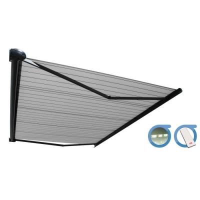 OMBRAZUR Store banne Coffre PROTECT 2 LED Gris 4.05x3.5m Motoris&eacute; + LED - Toile Grise Ray&eacute;e