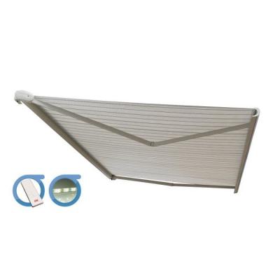 OMBRAZUR Store banne Coffre PROTECT 2 LED Blanc 4,05x3,5m Motoris&eacute; + LED - Toile Grise Ray&eacute;e