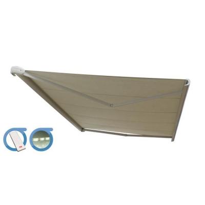 OMBRAZUR Store banne Coffre PROTECT 2 LED Blanc 5x3.5m Motoris&eacute; + LED - Toile Ecrue