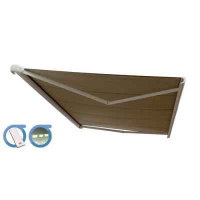 OMBRAZUR Store banne Coffre PROTECT 2 LED Blanc 5x3.5m Motoris&eacute; + LED - Toile Taupe