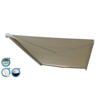 OMBRAZUR Store banne Coffre PROTECT 2 LED SMART Blanc 5x3.5m Motoris&eacute; + Capteur Vent + LED - Toile Ecrue