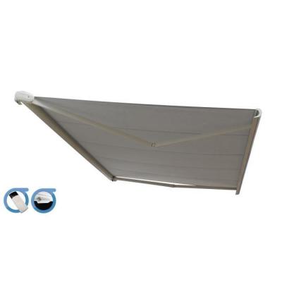 OMBRAZUR Store banne Coffre PROTECT 2 SMART Blanc 5x3.5m Motoris&eacute; + Capteur Vent - Toile Grise