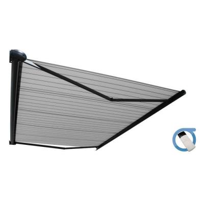 OMBRAZUR Store banne Coffre PROTECT 2 Gris 5x3.5m Motoris&eacute; - Toile Grise Ray&eacute;e