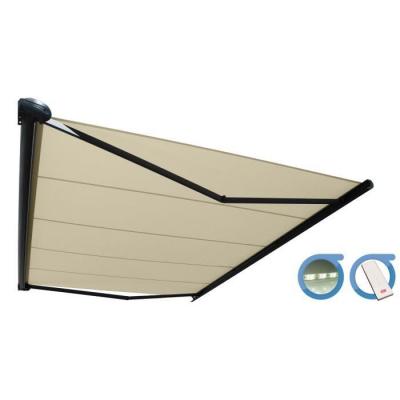 OMBRAZUR Store banne Coffre PROTECT 2 LED Gris 6x3,5m Motoris&eacute; + LED - Toile Ecrue