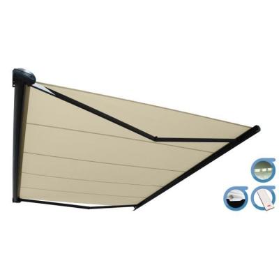 OMBRAZUR Store banne Coffre PROTECT 2 LED SMART Gris 6x3.5m Motoris&eacute; + Capteur Vent + LED - Toile Ecrue