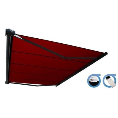 OMBRAZUR Store banne Coffre PROTECT 2 SMART Gris 6x3.5m Motoris&eacute; + Capteur Vent - Toile Rouge