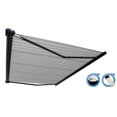 OMBRAZUR Store banne Coffre PROTECT 2 SMART Gris 6x3,5m Motoris&eacute; + Capteur Vent - Toile Grise Ray&eacute;e 