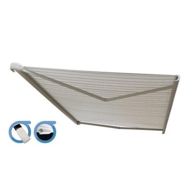 OMBRAZUR Store banne Coffre int&eacute;gral PROTECT 2 SMART Blanc 6x3,5m Motoris&eacute; &agrave;&nbsp; t&eacute;l&eacute;commande + Capteur Vent - Toile Grise Ray&eacute;e 