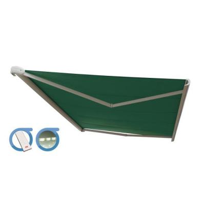 OMBRAZUR Store banne Coffre PROTECT 2 LED Blanc 6x3.5m Motoris&eacute; + LED - Toile Verte