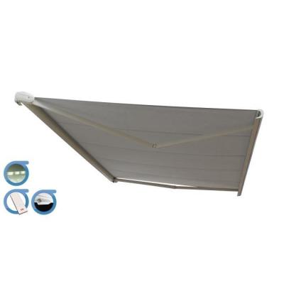 OMBRAZUR Store banne Coffre PROTECT 2 LED SMART Blanc 6x3,5m Motoris&eacute; + Capteur Vent + LED - Toile Grise