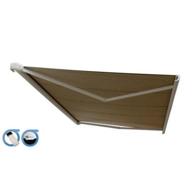 OMBRAZUR Store banne Coffre PROTECT 2 SMART Blanc 6x3.5m Motoris&eacute; + Capteur Vent - Toile Taupe