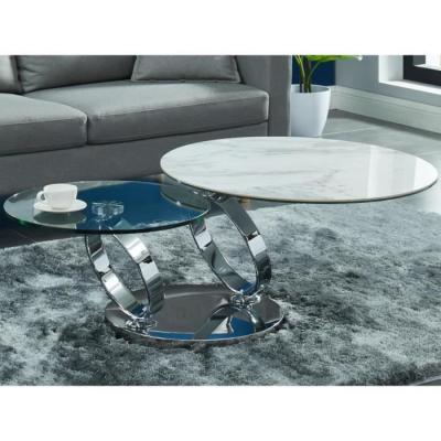 Table basse avec plateaux pivotants joline - c&eacute;ramique et verre tremp&eacute; - effet marbre blanc