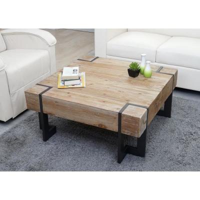 Table basse de salon HWC-A15 bois massif de sapin rustique 70x70cm