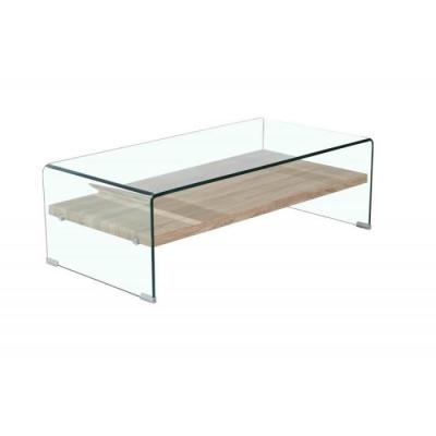 Table basse en verre tremp&eacute; avec &eacute;tag&egrave;re en bois d&eacute;cor ch&ecirc;ne - ICE