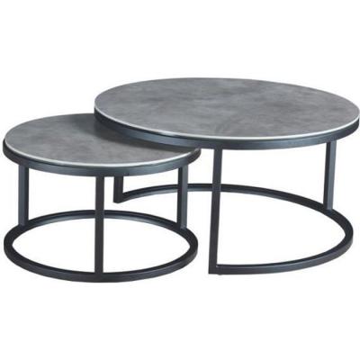 Table basse gigogne ronde en c&eacute;ramique gris et pieds m&eacute;tal - OXY