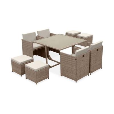 SWEEEK Salon de jardin 4-8 places en r&eacute;sine beige avec coussins beige