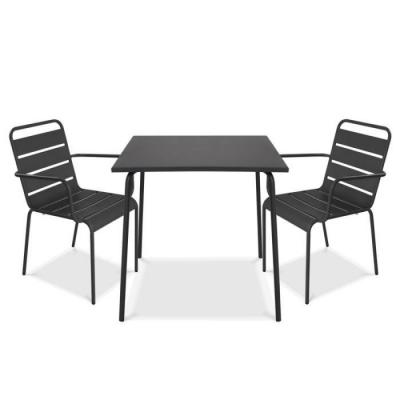 OVIALA  - Ensemble table de jardin carr&eacute;e et 2 fauteuils acier gris - Palavas
