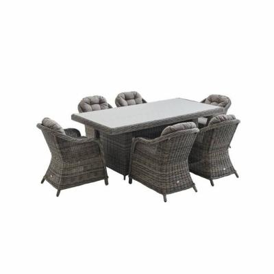 SWEEEK Table De Jardin En R&eacute;sine Tress&eacute;e Arrondie - Lecco Gris - Coussins Beige - 6 Places - 6 Fauteuils