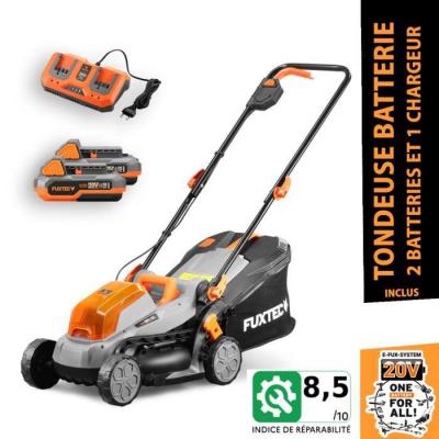 FUXTEC Tondeuse &agrave; gazon electrique &agrave; batterie 20V  FX-E1RM20 - Set avec 2 batteries 2Ah et double chargeur 2,4A