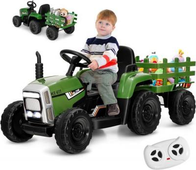 GOPLUS Tracteur &Eacute;lectrique Enfant 12V 7Ah-  - avec T&eacute;l&eacute;commande et Remorque Amovible - Charge 30KG - Effet Musique/Sonore -Vert 