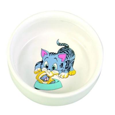 TRIXIE Gamelle, chat avec gamelle, en c&eacute;ramique 0,3 L/&oslash; 11 cm, blanc