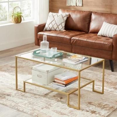 Table basse 2 niveaux en verre tremp&eacute; dor&eacute; m&eacute;tallique