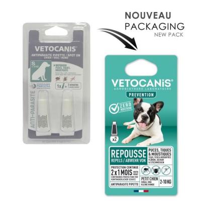 VETOCANIS  2 Pipettes Anti-Puces Et Anti-Tiques - Pour Petit Chien 2-10 Kg - 2x 1 Mois De Protection