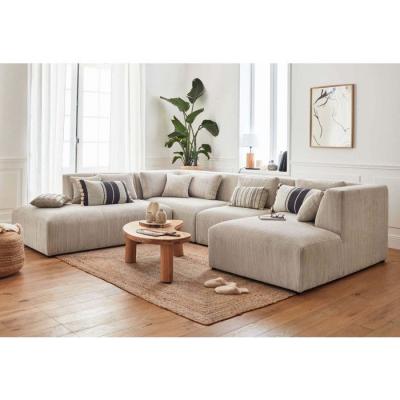 LISA DESIGN Canap&eacute; panoramique 7 places angle gauche en velours c&ocirc;tel&eacute; beige
