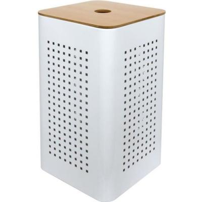 GELCO Panier &agrave; linge en m&eacute;tal blanc avec couvercle bois - Blanc - 30x30x50