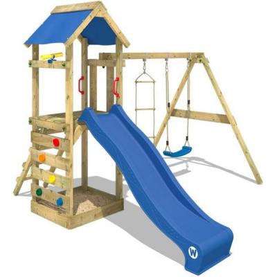 Aire de jeux wickey portique bois freeflyer avec balan&ccedil;oire et toboggan bleu