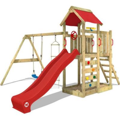 WICKEY Aire de jeux  portique bois multiflyer avec balan&ccedil;oire et toboggan rouge