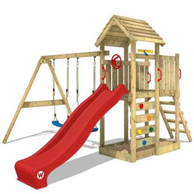 WICKEY Aire de jeux en bois  MultiFlyer avec balan&ccedil;oire et toboggan rouge pour enfants de 3 &agrave; 13 ans