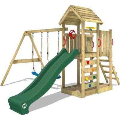 WICKEY Aire de jeux Portique bois MultiFlyer avec balan&ccedil;oire et toboggan vert  