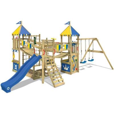 WICKEY Aire de jeux Portique bois Smart Queen  avec balan&ccedil;oire et toboggan bleu