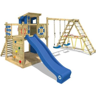 WICKEY Aire de jeux en bois  Smart Surf avec balan&ccedil;oire et toboggan bleu pour enfants de 3 ans et plus 