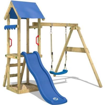 WICKEY Aire de jeux en bois TinyWave avec balan&ccedil;oire et toboggan  - Bac &agrave; sable - Bleu