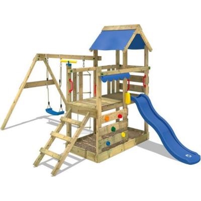 WICKEY Aire de jeux  Portique bois TurboFlyer avec balan&ccedil;oire et toboggan bleu