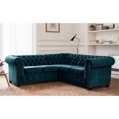 LISA DESIGN William - Canap&eacute; d'angle Chesterfield - 5 places - velours - Bleu canard