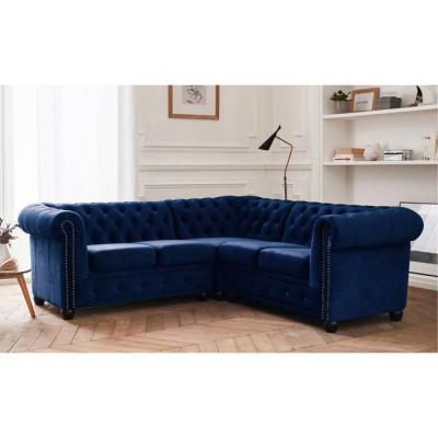 LISA DESIGN William - Canap&eacute; d'angle Chesterfield - 5 places - velours - Bleu nuit