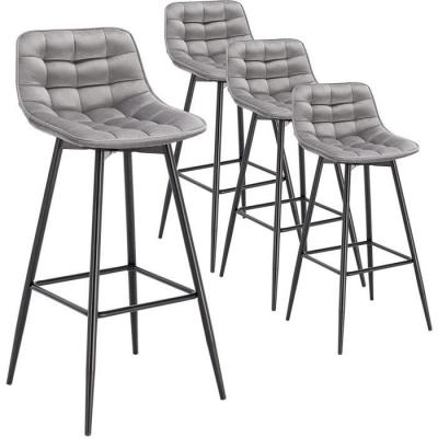 Lot de 4 tabourets de bar-chaise de bar- en velours avec pieds et repose-pieds en m&eacute;tal-gris clair