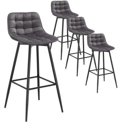 Lot de 4 tabourets de bar-chaise de bar- en velours avec pieds et repose-pieds en m&eacute;tal-gris fonc&eacute;
