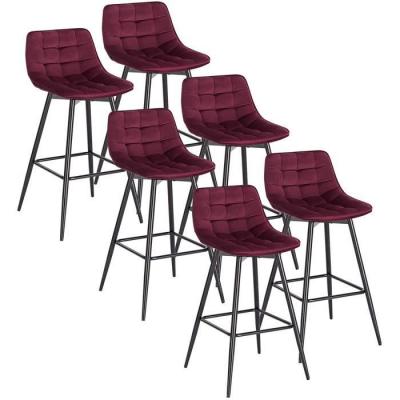 Lot de 6 tabouret de bar-chaise de bar- en velours avec pieds et repose-pieds en m&eacute;tal-bordeaux