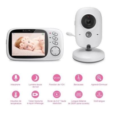 MOONMINI B&eacute;b&eacute; Moniteur 3.2 LCD Couleur Babyphone Vid&eacute;o Ecoute B&eacute;b&eacute; Video Camera Surveillance 2.4 GHz Bidirectionnelle Vid&eacute;o Babyviewer 