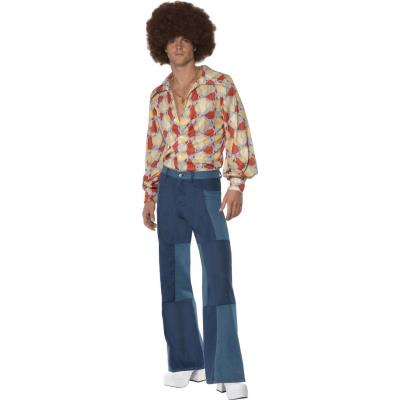 GENERIQUE Smiffys Costume r&eacute;tro ann&eacute;es 70, chemise et pantalon patchwork jean's